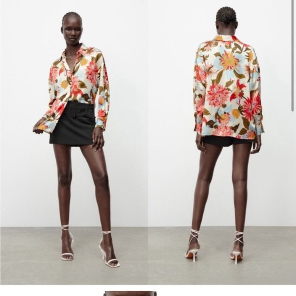 Zara satiny floral blouse gold buttons and flowy billowy summer vibes M